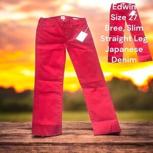 Edwin, Size 27, Red, Bree Slim Straight Leg Denim Jeans. NWT @14